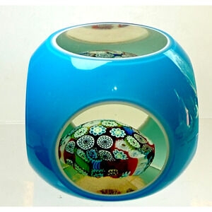 Vintage Turquoise Blue Cased Glass Faceted Millefiori Cube Window Paperweight